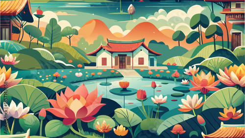 Serene lotus pond in traditional garden