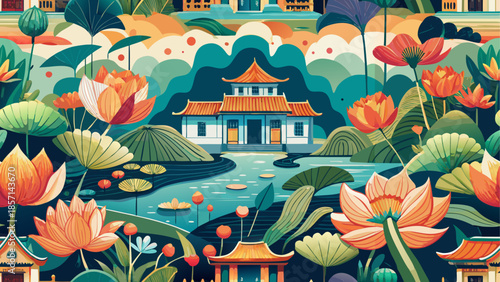 Traditional asian garden with lotus flowers