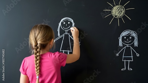 Young girl drawing family portrait with chalk on black chalkboard
