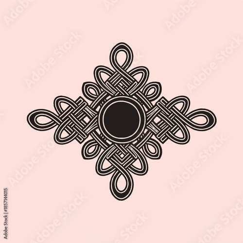 Intricate knotwork design centered on a black circle, symbolizing cultural heritage and traditional artistry in a minimalist illustration