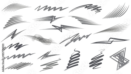 Dynamic collection of hand-drawn pencil sketches and abstract scribble lines.