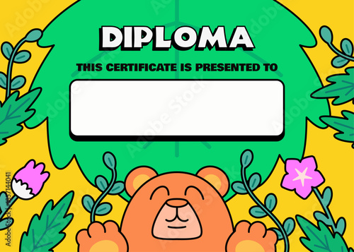 Colorful cartoon diploma certificate template featuring a cute bear and floral elements. Perfect for kids awards, school achievements, education events, and playful certificate designs.
