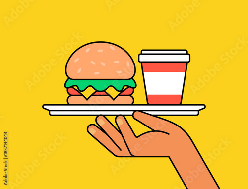 Flat cartoon illustration of a hand holding a tray with a burger and takeaway coffee cup. Clean vector style perfect for food service, cafe menu, fast food, delivery, and restaurant branding concepts.
