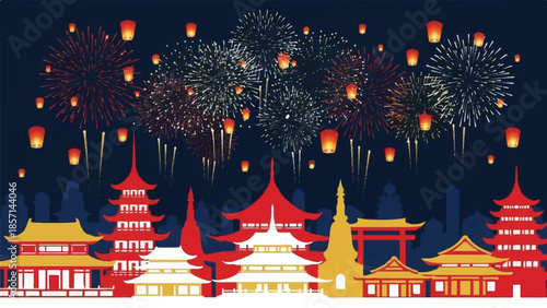 Vibrant Lunar New Year Celebration with Fireworks and Lanterns over Traditional Temples at Night