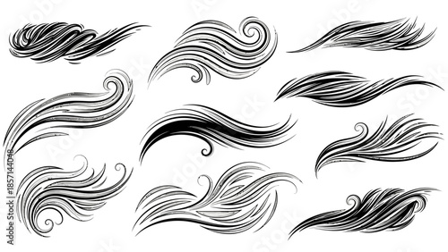 Φωτογραφία Dynamic collection of hand-drawn black and white hair or wave elements