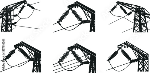 High voltage transmission tower insulator illustration set, detailed power line components, electrical grid infrastructure design, industrial energy distribution silhouette collection