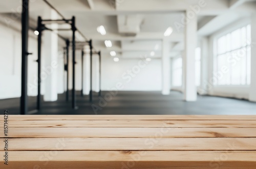 Empty wooden surface with blurred gym background for product display, fitness equipment, or healthy lifestyle concepts