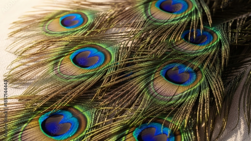 Fototapeta premium Vivid peacock feathers showcasing iridescent eye patterns and intricate natural details