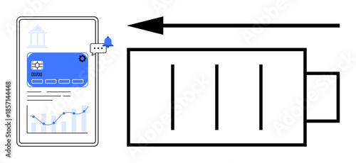 Battery concept. Mobile device screen with analytics data, gear, and alert overlays next to a battery icon. Battery energy efficiency, device management, and tech connection. For renewable energy, UI