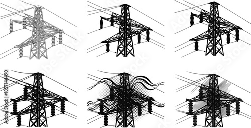 High voltage transmission tower silhouette illustration, electrical power line structure artwork, industrial energy grid pylon design for engineering and infrastructure projects