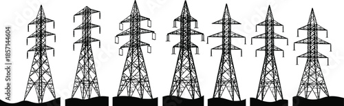 High voltage transmission tower silhouette set, electricity pylon vector collection, power grid infrastructure illustration, energy line structure artwork for engineering design