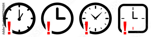 Set clock and exclamation mark icon vector for urgent alerts. Ideal for illustrating deadlines, overdue tasks, time warnings, and important reminders.