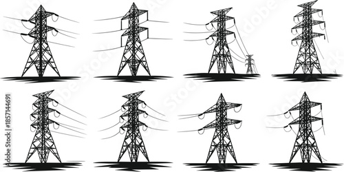 High voltage transmission tower silhouette set, electricity pylon vector collection, power line infrastructure illustration, energy grid structure design for engineering artwork