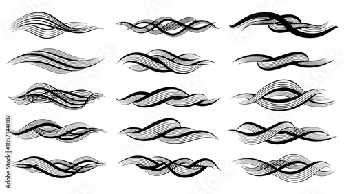 Set of abstract black and white wavy lines and brush strokes.