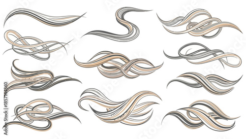 Set of abstract flowing lines and curves in various shapes and arrangements.
