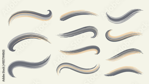 Set of abstract watercolor brush strokes in various curved shapes.