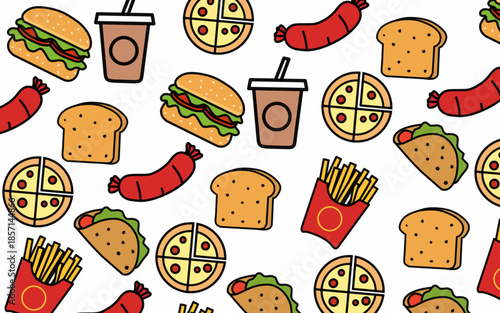 Seamless pattern background Food and ingredient kids hand drawing set illustration isolated on white background