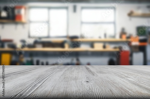 Empty wooden table with white washed planks providing copy space, ideal for product display with a blurred workshop background