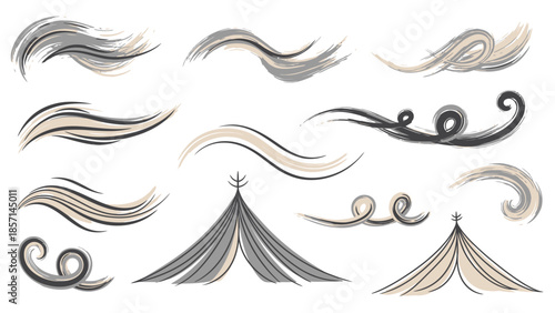 Set of hand drawn wind and air elements for design.