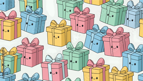 Seamless vector illustration of a festive gift boxes pattern featuring colorful birthday and Christmas presents with ribbons and bows for holiday celebration wrapping paper design