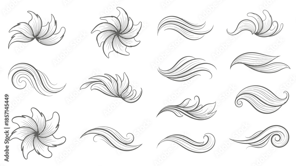 Fototapeta premium Set of Hand-Drawn Swirls and Floral Elements in Sketch Style.