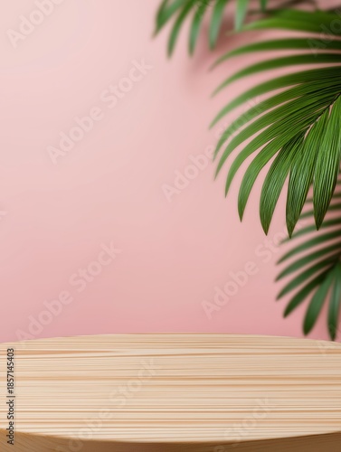 Round wooden product display podium with a pink background and green tropical palm leaf, providing ample copy space