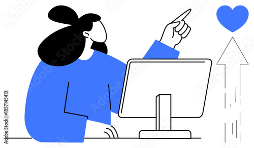 Digital marketing, online interaction, user engagement, content creation, customer feedback, social media. Woman at desk points to heart icon with arrow. Digital marketing and user engagement concept