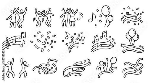 Set of hand-drawn party and celebration icons with dancing people, music notes, balloons, and confetti.