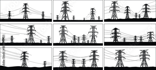 Electricity pylons silhouette, transmission tower grid, power line structure, energy infrastructure, engineering design, black and white, utility network, technical illustration