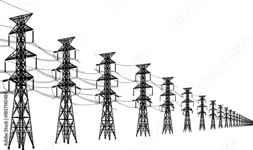 High voltage transmission towers, electricity pylons, power grid infrastructure, energy distribution network, industrial landscape, utility poles, fading perspective, engineering marvel