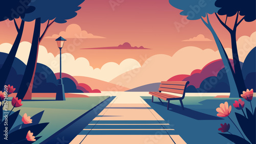 Serene lakeside pathway at sunset