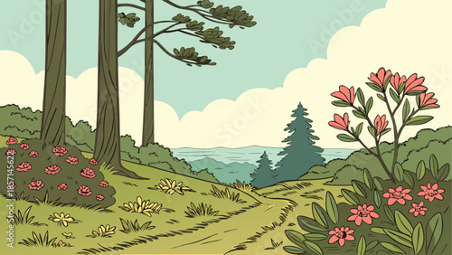 Serene forest trail with wildflowers