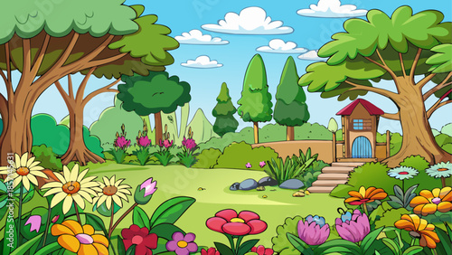 Vibrant garden with colorful flowers and cozy shed