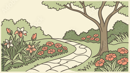 Serene garden path with blooming flowers