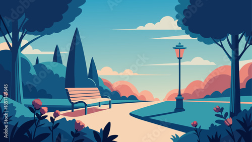 Serene park bench at sunset