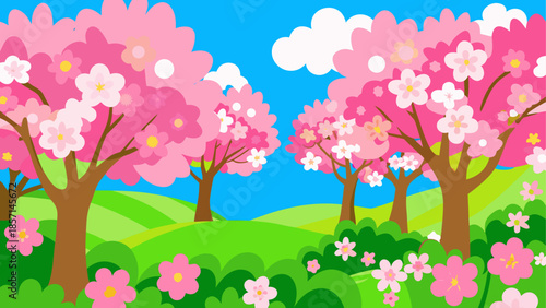 Vibrant cherry blossom trees in a lush landscape