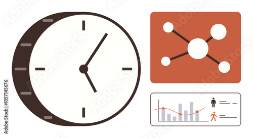 Clock indicating time, network connection diagram, and analytics chart with graph and icons. Ideal for productivity, time management, planning, data analysis, teamwork, efficiency organization