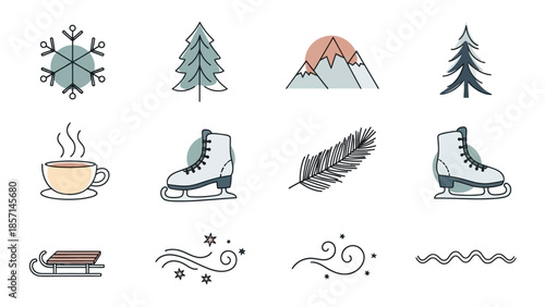 Winter season elements collection with snowflakes, trees, mountains, and ice skates.