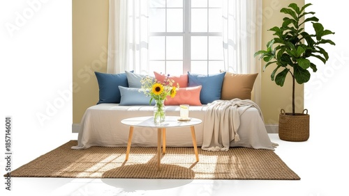 Cozy home interior with a window seat, cushions, flowers, and a fiddle leaf fig plant