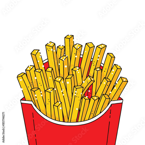 Vector illustration of fast food french fries with ketchup in a red box isolated on white featuring yellow potato sticks and a blue toothpick snack object