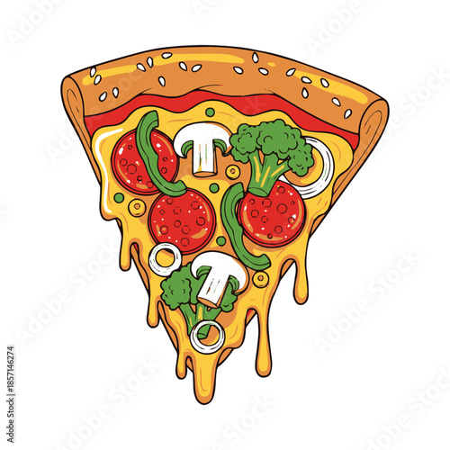 Delicious cartoon illustration of a fresh pizza slice topped with sweet strawberry and cheese or strawberry in a chocolate dessert for a tasty Italian meal