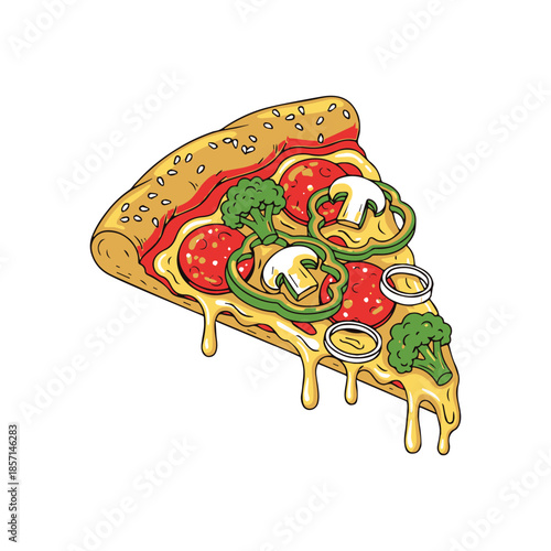 A hot gourmet Italian pepperoni pizza vector illustration featuring melted mozzarella cheese and fresh tomato slices on a cartoon snack from a fast food restaurant
