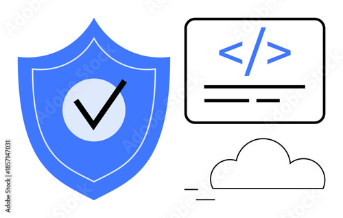 Cybersecurity, cloud storage, online coding, data protection, software development, web services. Blue shield with checkmark, code symbol and a cloud icon. Cybersecurity and cloud storage concept