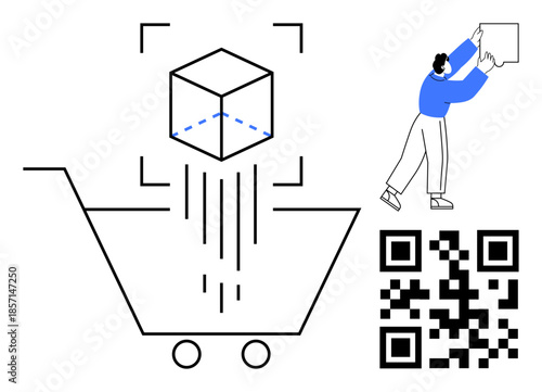 E-commerce concept connecting 3D product scanning, QR codes, and digital purchasing solutions. E-commerce integrates innovation and convenience. For retail, technology, apps, digital tools, online