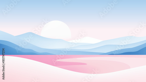 Minimalist swamp landscape with pink water and blue mountain layers. A large white sun hangs over a serene, abstract swamp-like flat at dawn
