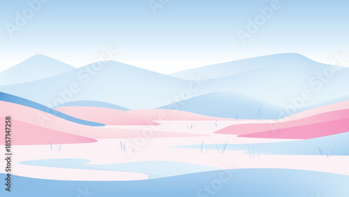 Minimalist grassland landscape with rolling pink and blue hills under a soft sky. Sparse blue grass tufts dot a serene, abstract dreamlike landscape