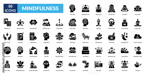Mindfulness Glyph Icon Set. Calm Mind, Meditation Pose, Deep Breath, Relaxed Face, Zen Stones, Lotus Flower, Candle Light