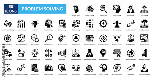 Problem Solving Glyph Icon Set. Problem Solver, Creative Thinking, Solution Finder, Critical Thinking, Brainstorming, Mind Mapping, Root Cause