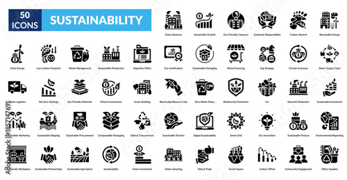 Sustainability Glyph Icon Set. Green Business, Sustainable Growth, Climate Focused, Corporate Ethics, Carbon Neutral, Renewable Energy, Supply Chain Reform