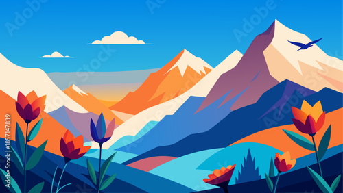 Vibrant mountain landscape with flowers